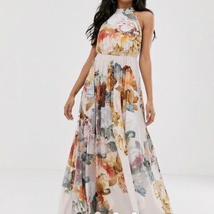 ASOS design floral halter maxi dress pleated skirt